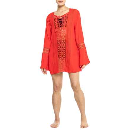 La Blanca Coastal Lace-Up Cover-Up Tunic Shirt - Long Sleeve in Cherry