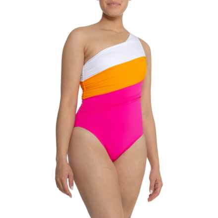 La Blanca Shirred Color-Block One-Shoulder One-Piece Swimsuit - UPF 50+ in Tangerine