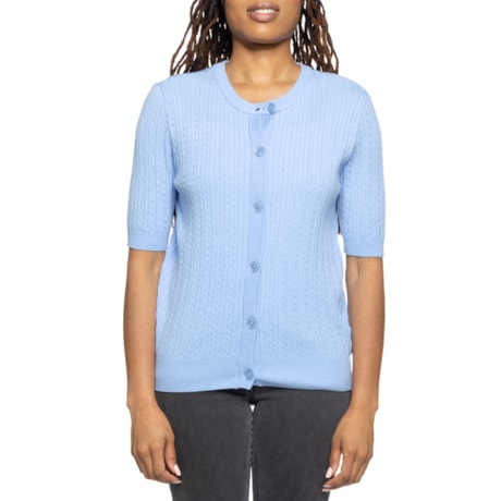 Lands' End Cable-Knit Button Front Cardigan Sweater - Short Sleeve
