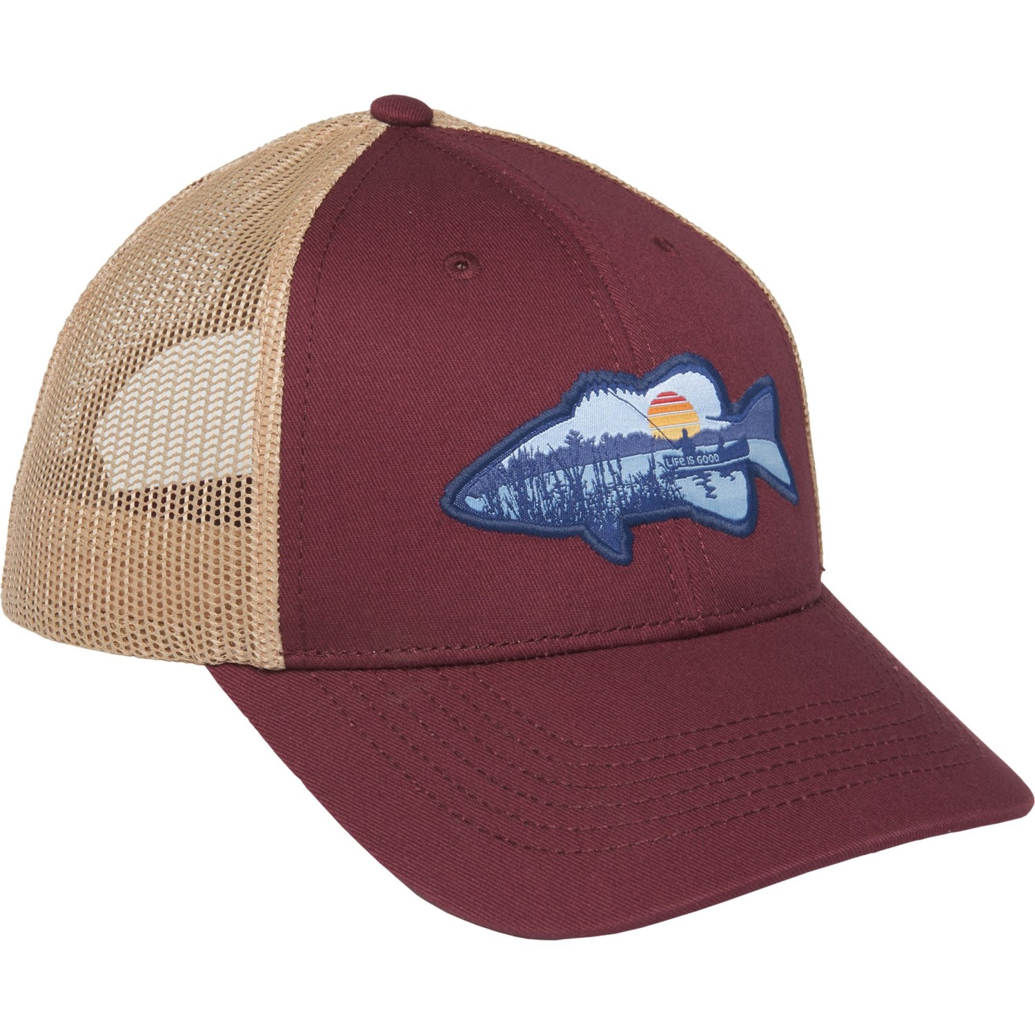 Life Is Good Bass Angler Vista Trucker Hat for Men | Mahogany Brown | Breathable Fabric