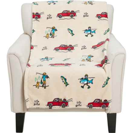Life is Good® Fishing Motif Fleece Throw Blanket - 350 gsm, 50x70” in Ivory