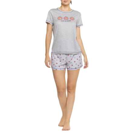Life is Good® Halloween Pumpkin Shirt and Ribbed Shorts Pajamas - Short Sleeve in Heather Grey