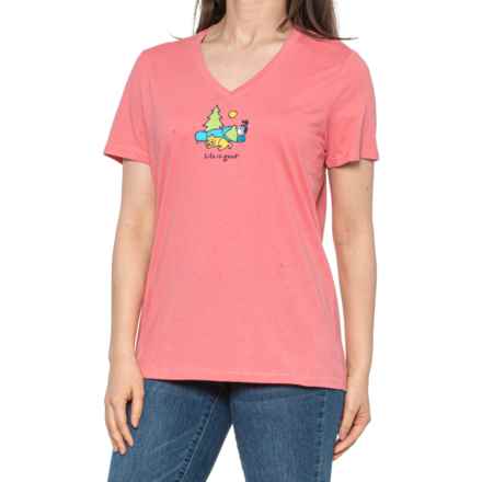 Life is good® Jackie and Rocket Camping T-Shirt - V-Neck, Short Sleeve in Flamingo Pink