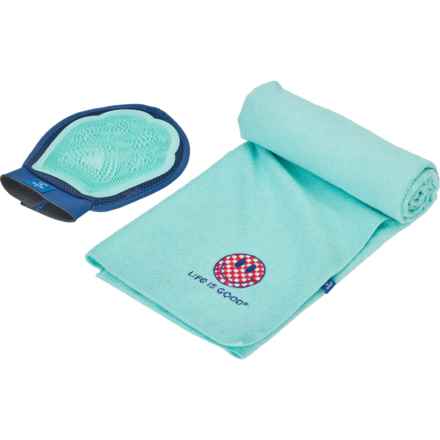 Life is Good® Microfiber Pet Towel and Grooming Glove Set - 44x27.5” in Blue/Pink Smiley