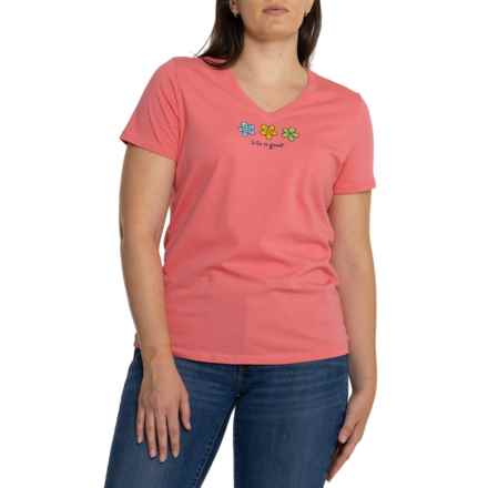 Life is Good® Three Daisies T-Shirt - V-Neck, Short Sleeve in Flamingo Pink