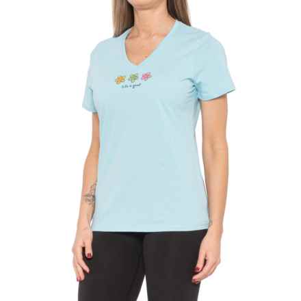 Life is good® Three Daisies V-Neck T-Shirt - Short Sleeve in Tidal Blue