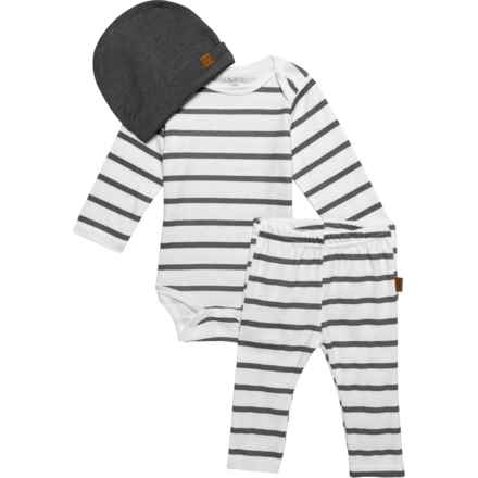 LILA AND JACK Infant Boys Baby Bodysuit, Pants and Hat - 3-Piece, Long Sleeve in White/Grey/Stripe/Grey - Closeouts