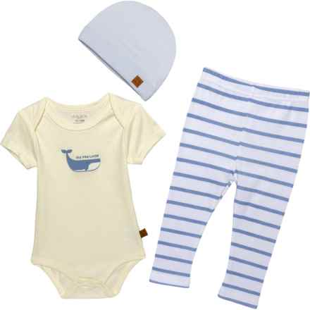LILA AND JACK Infant Boys Baby Bodysuit, Pants and Hat Set - 3-Piece, Short Sleeve in Whale On Light Yellow/Light Blue Stripes