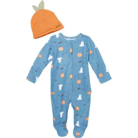 LILA AND JACK Infant Boys Coveralls and Hat Set - Long Sleeve in Blue Ghost Pumpkin Print & Orange
