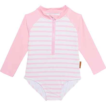 LILA AND JACK Infant Girls Rash Guard One-Piece Swimsuit - UPF 50, Zip Neck, Long Sleeve in Pink Stripes