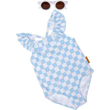 LILA AND JACK Infant Girls Ruffled Neck One-Piece Swimsuit and Sunglasses Set - UPF 50 in Blue Check