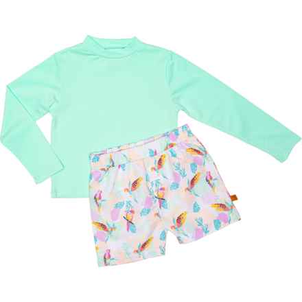 LILA AND JACK Toddler Boys Rash Guard and Swim Trunks Set - Long Sleeve in Turquoise & Tropical Jungle