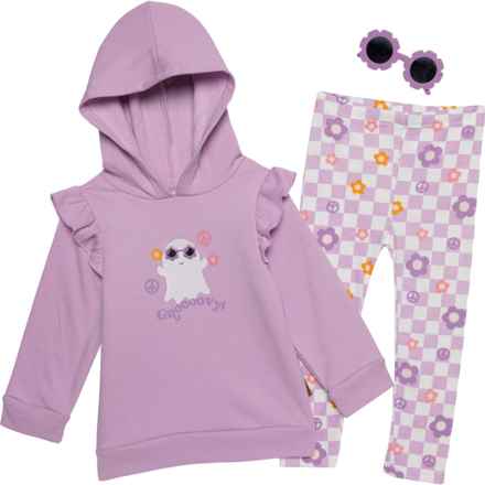 LILA AND JACK Toddler Girls Brushed Hoodie, Leggings and Sunglasses Set in Purple Ghost & Purple Floral Check