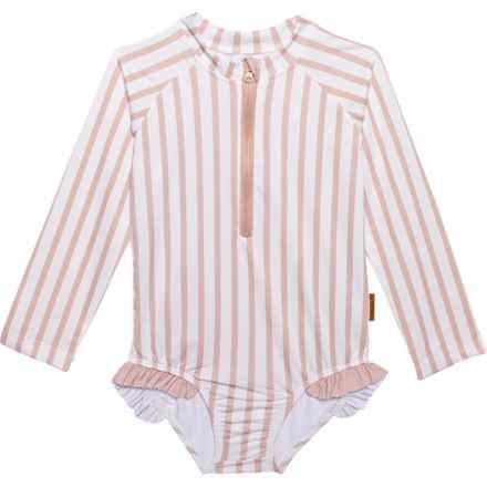 LILA AND JACK Toddler Girls Rash Guard Swimsuit - UPF 50, Long Sleeve in Rose Stripes