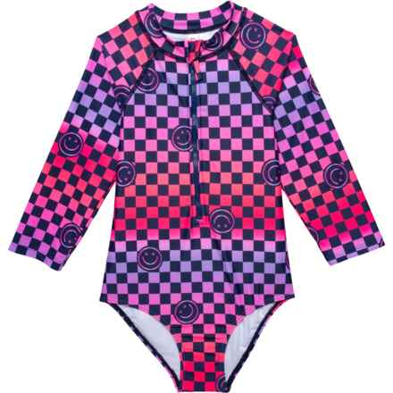 Limited Too Big Girls Ombre Checkered One-Piece Rash Guard - UPF 50+, Long Sleeve in Navy