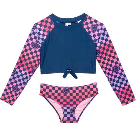 Limited Too Big Girls Ombre Checkered Rash Guard and Bikini Bottoms Set - UPF 50+, Long Sleeve in Navy