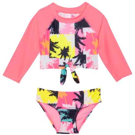 Limited Too Toddler Girls Palm Tree Patchwork Rash Guard and Bikini Bottoms - UPF 50+, Long Sleeve in Pink