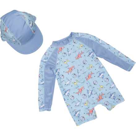 LITTLE LAD Infant Boys Shark Print Sunsuit with Hat - UPF 50+, Zip Neck, Long Sleeve in Multi