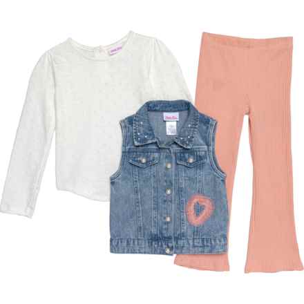 LITTLE LASS Little Girls Vest, Shirt and Pants Set - 3-Piece, Long Sleeve in Light Snow Wash Denim