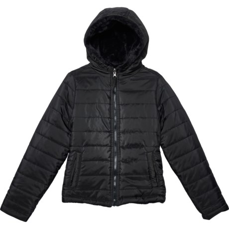 LIV & LOTTIE Big Girls Reversible Hooded Faux Fur Jacket - Insulated in Black