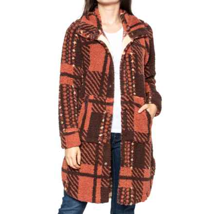 LIV OUTDOOR Kinsley Solid Sherpa Long Jacket - Snap Front in Cedarwood Plaid
