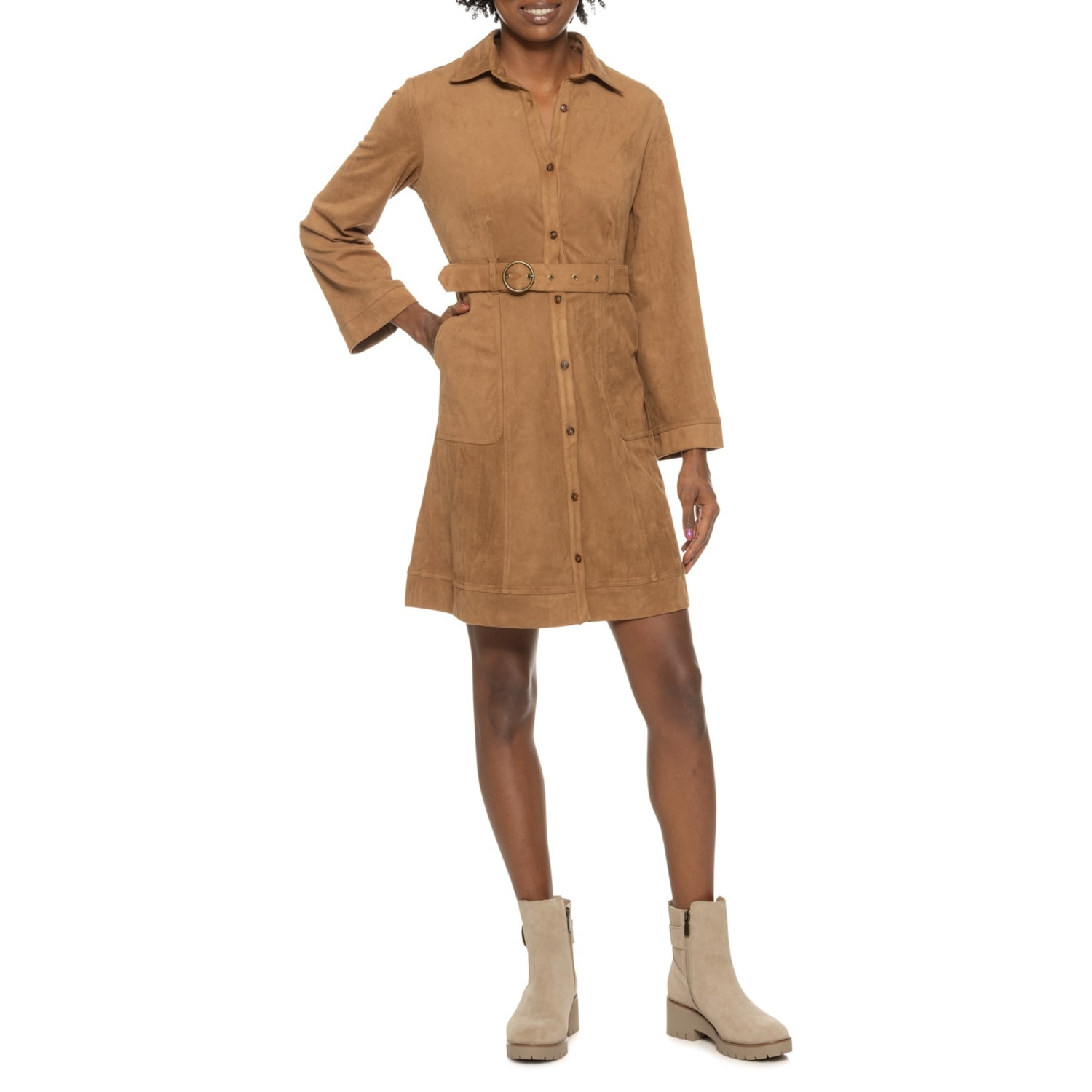 long sleeve brown suede dress Lucky Brand Collared Button Front Faux-Suede Adrianna papell