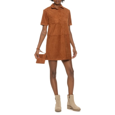 lucky brand brown dress Collared Faux Suede Short Casual dresses Lace trim