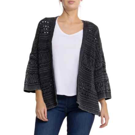 Lucky Brand Crochet Cardigan Sweater - 3/4 Sleeve in Dark Blk Acid Wash