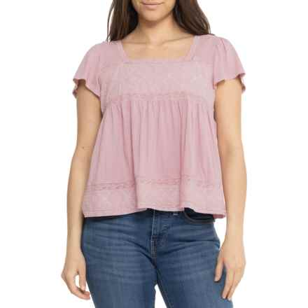 Lucky Brand Embroidered Square Neck T-Shirt - Short Sleeve in Silver Pink