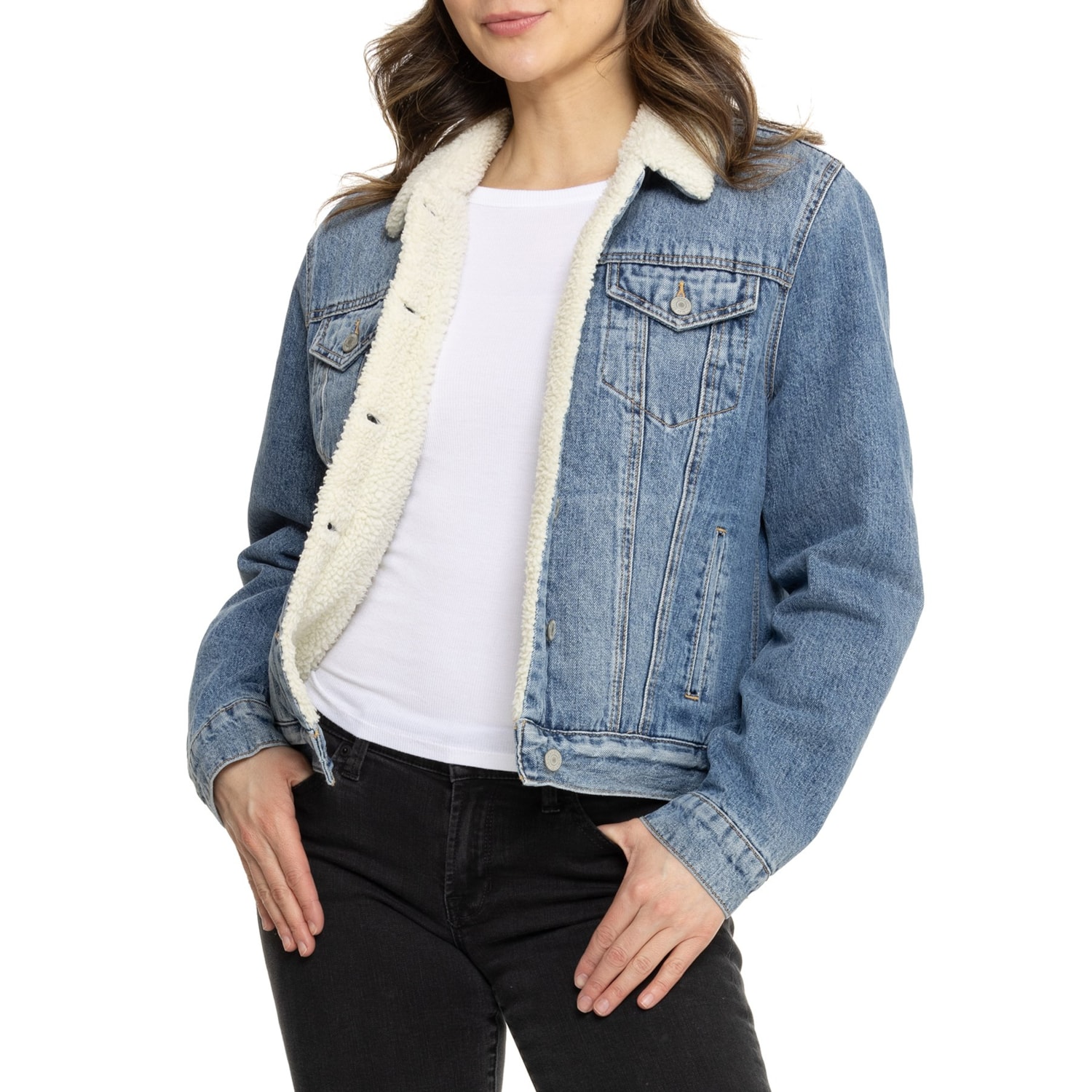 Faux Shearling Lined Denim Jacket Women Winter Warm Faux Fur 