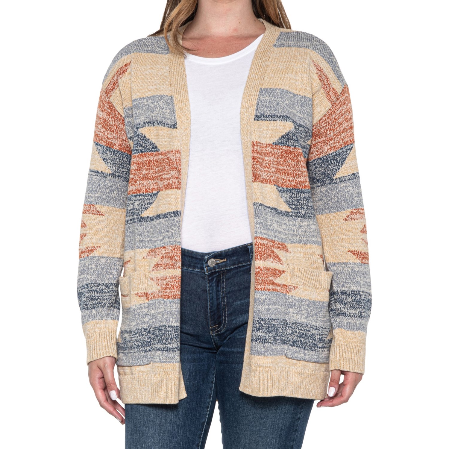 Lucky Brand Jersey Intarsia Aztec Print Long Cardigan Sweater
