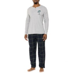 Lucky Brand Palm Tree Henley and Flannel Pajamas - Long Sleeve in Heather Grey/ Mood Indigo Plaid