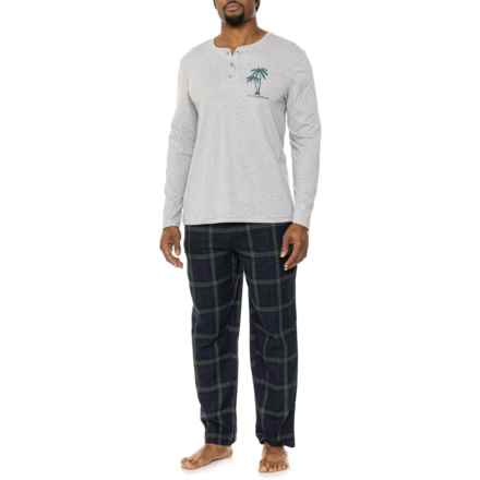 Palm Tree Henley and Flannel Pajamas - Long Sleeve in Heather Grey/ Mood Indigo Plaid