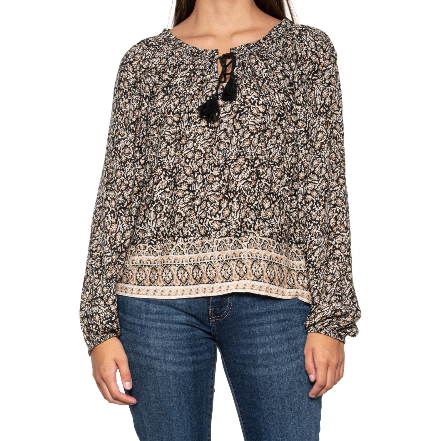 Lucky Brand Womens Cotton Printed Peasant Bubble Top Beige Size Medium main image 1