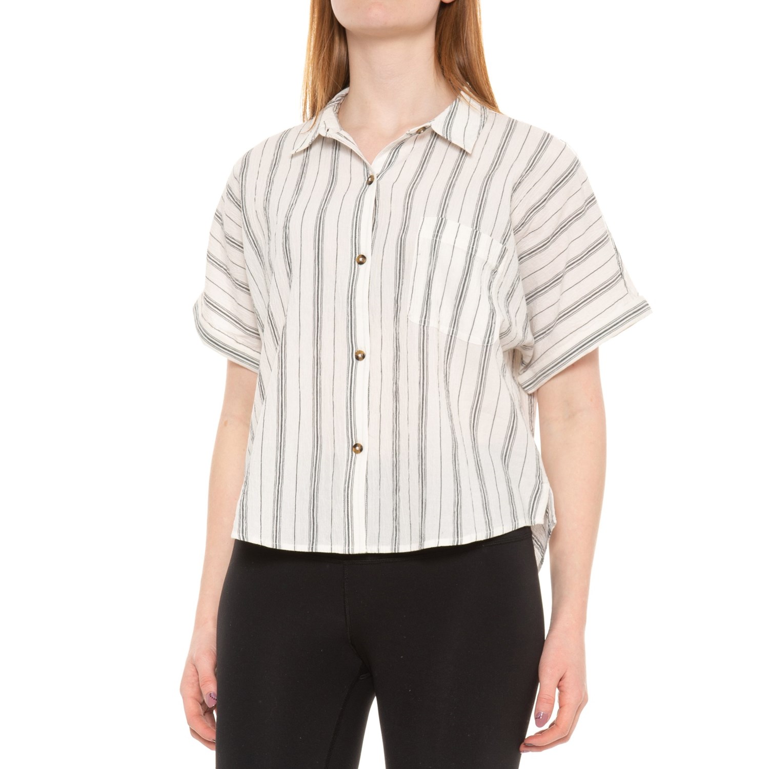 Camicia Donna Lucky Brand A Righe Relaxed Fit | Maniche Corte In Cotone Morbido | Stile Utility E Comfort Per L'estate