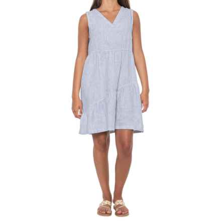 V-Neck Asymmetrical Tiered Short Dress - Linen, Sleeveless in Dusky Blue