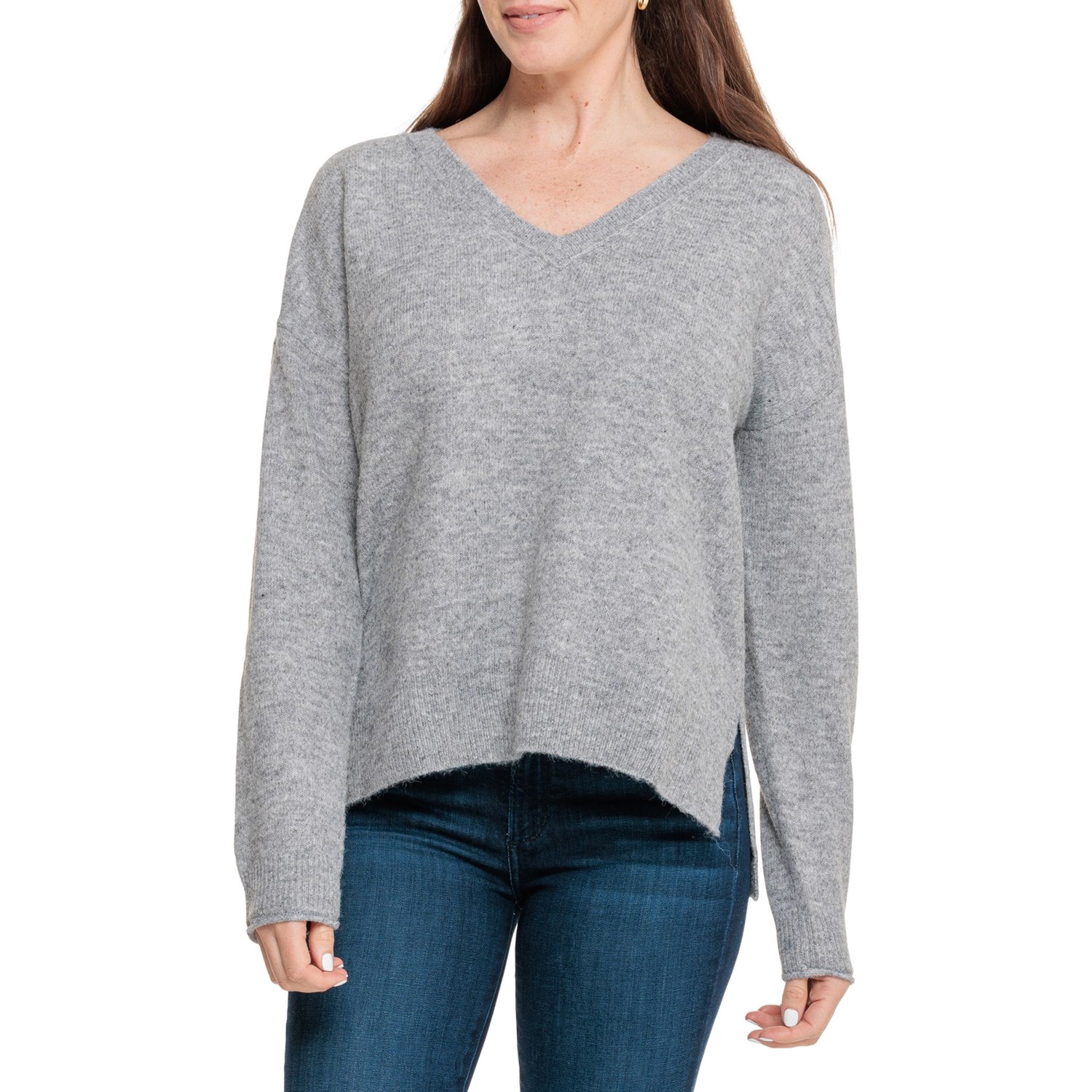 Lucky Brand online Gray Chunky V-Neck Ribbed Knit Sweater