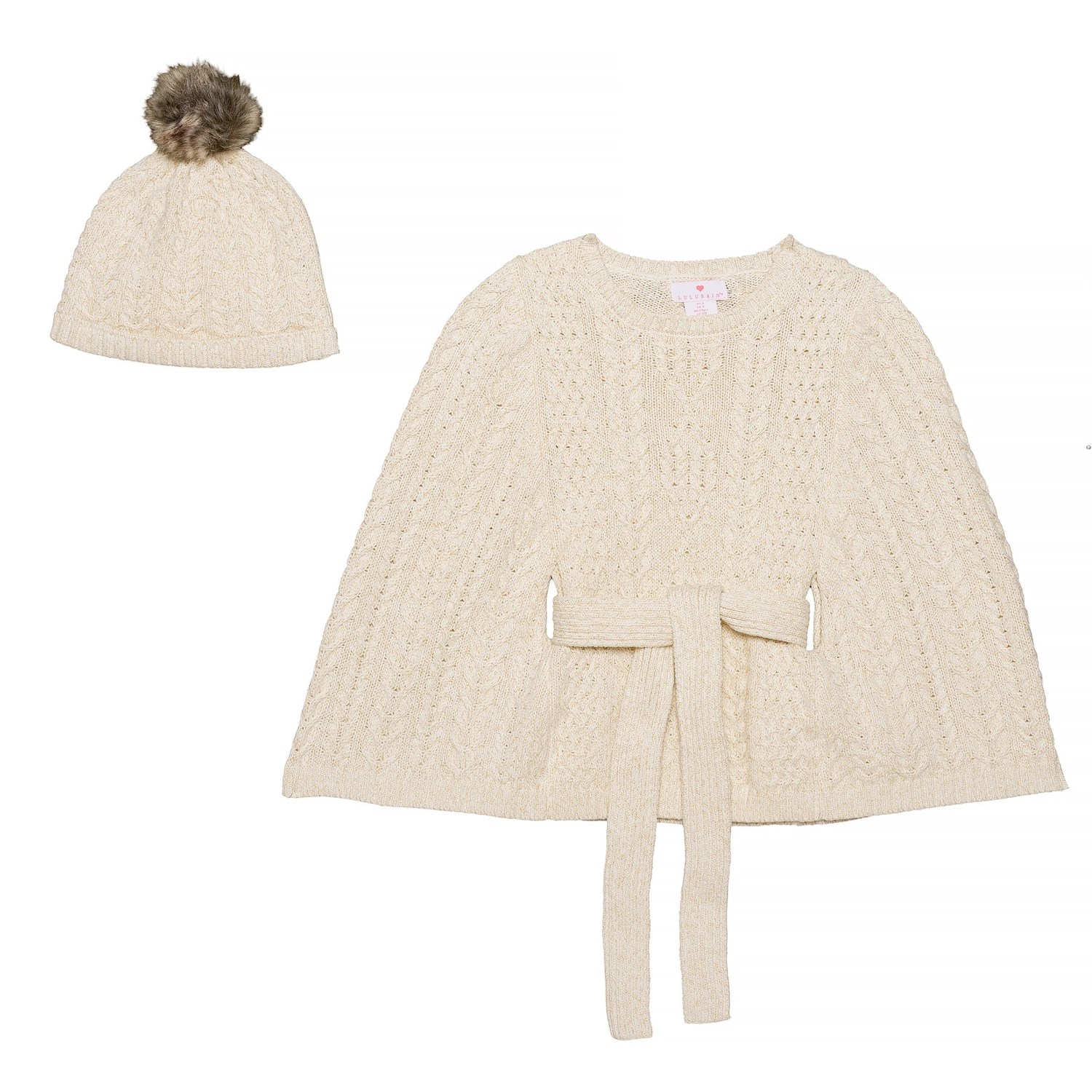 LULURAIN Cable-Knit Belted Cape with Hat Set (For Big Girls)