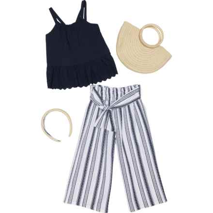 Max Studio Little Girls Eyelet Flounce Tank Top and Woven Beach Pants Set with Purse and Headband - 4-Piece in Peacoat