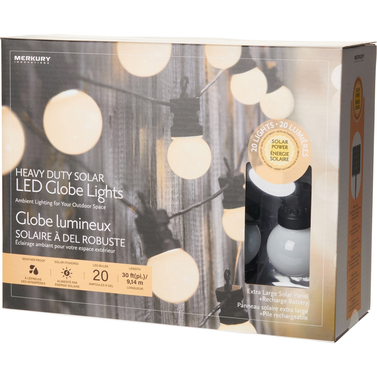 Merkury Frosted LED HeavyDuty Solar Cafe Globe Lights 30’, 20 Bulbs