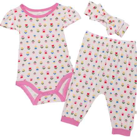 MILKBERRY Infant Girls Baby Bodysuit, Joggers and Headband Set - 3-Piece, Short Sleeve in Multi