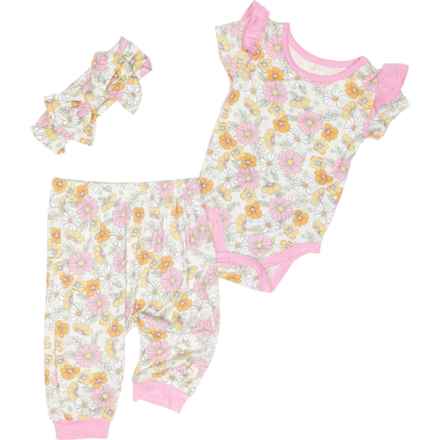 MILKBERRY Infant Girls Floral Print Baby Bodysuit and Joggers Set with Bow - Short Sleeve in Multi