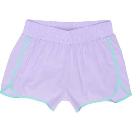 MONDETTA KIDS Big Girls Retro Running Shorts - Built-in Briefs, 2.5” in Pastel Lilac/Pool Blue