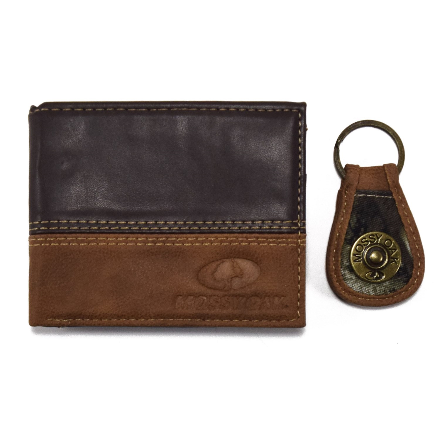 Mossy Oak Embossed Bi-Fold Two-Tone Leather Wallet and Engraved Key Chain (For Men) - Save 76%