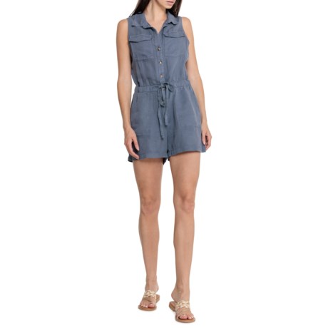 Nicole Miller Home Collared Button Down Romper - Linen, Sleeveless in Folkstone Grey