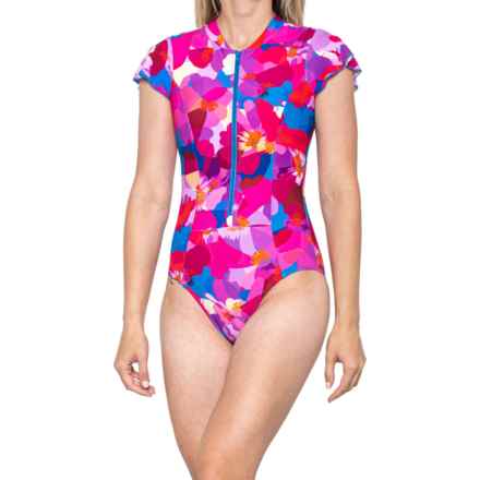 Nip Tuck Swim Geneva Tall One-Piece Swimsuit - UPF 50+, Short Sleeve in Blue