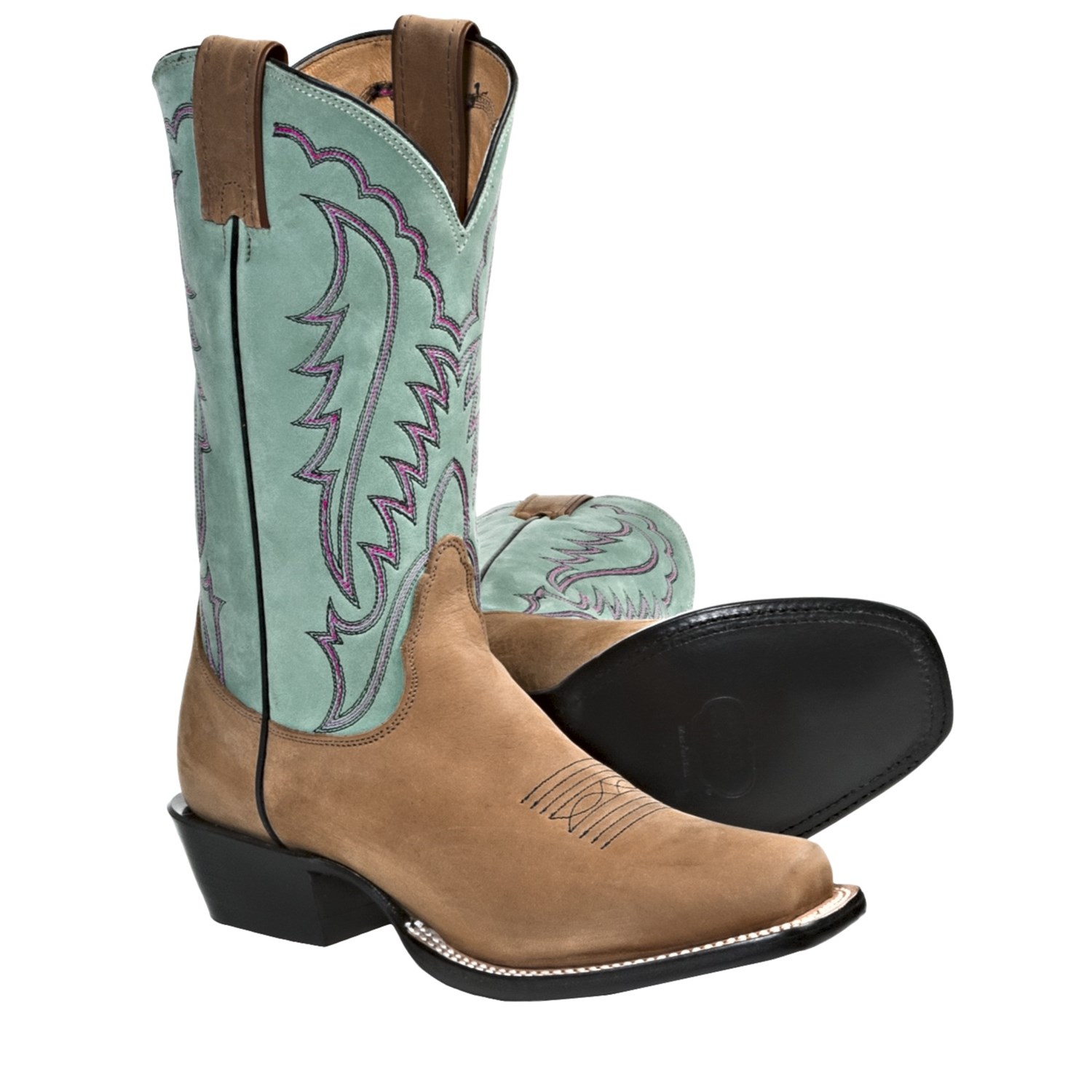 Nocona Boots 11” Square Toe Cowboy Boots - Leather (For Women) in Tan/Blue