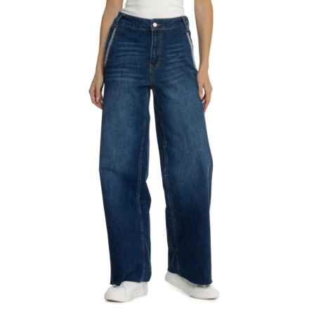 OAT NEW YORK Wide-Leg Unhemmed Rhinestone Denim Jeans - High Rise in Herri Dark