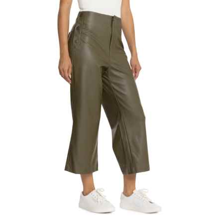 OAT NEW YORK Wide Straight Leg Crop Pants - High Rise, Vegan Leather in Olive