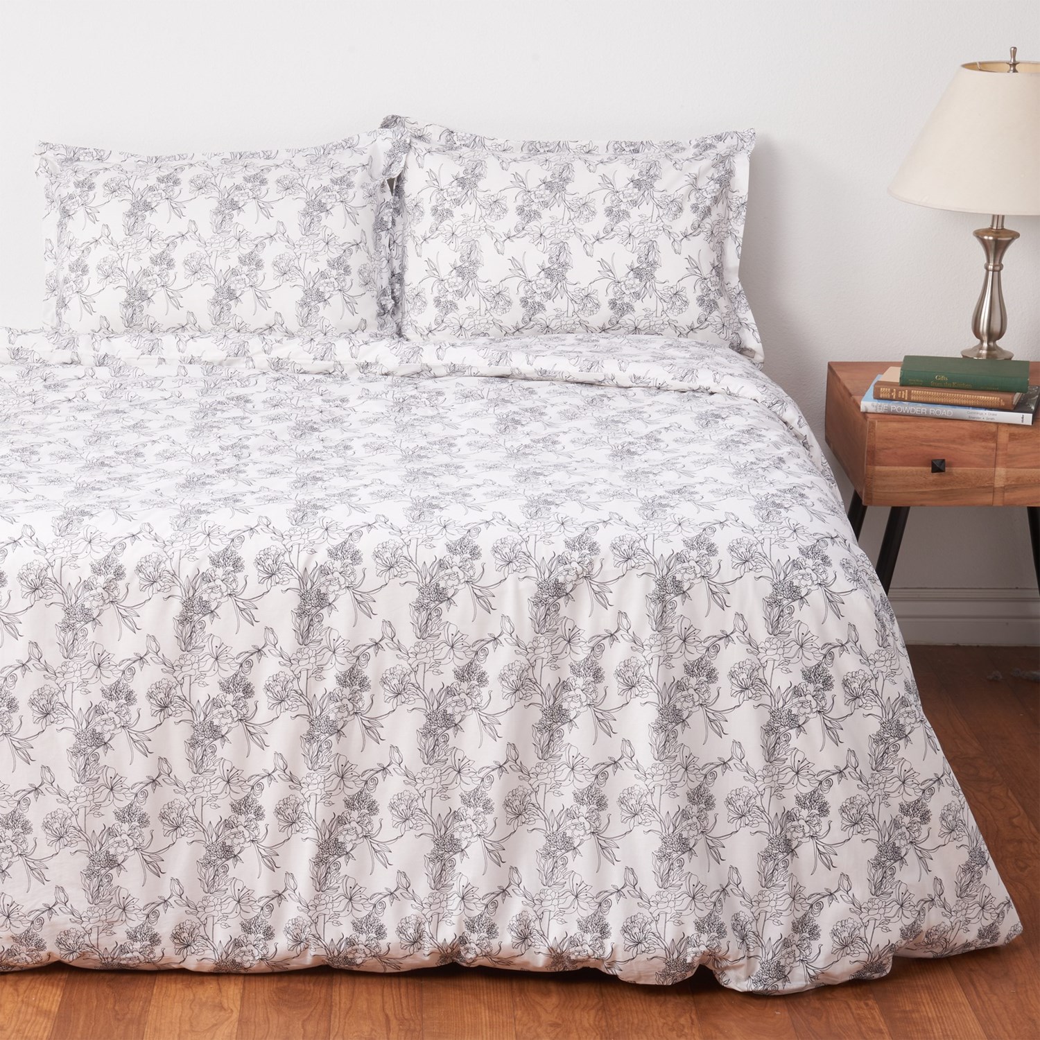 Organic Full-Queen Cotton Script Floral Duvet Set - White Black - Save 50%